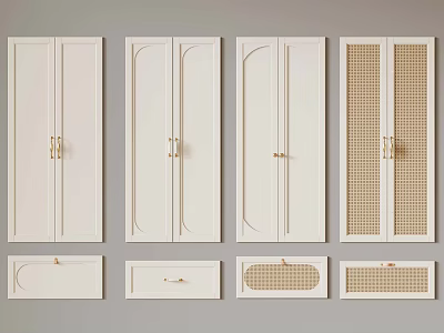 White Cabinet Doors And Drawer Fronts With Decorative Lines Grid Pattern And Golden Handles 3d model
