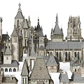 Medieval European City Architecture With Spires Towers Stone Rooftops And Arched Windows