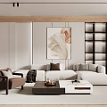 Modern Living Room Interior With Beige Sofa Brown Armchair Coffee Tables And Leaf Painting