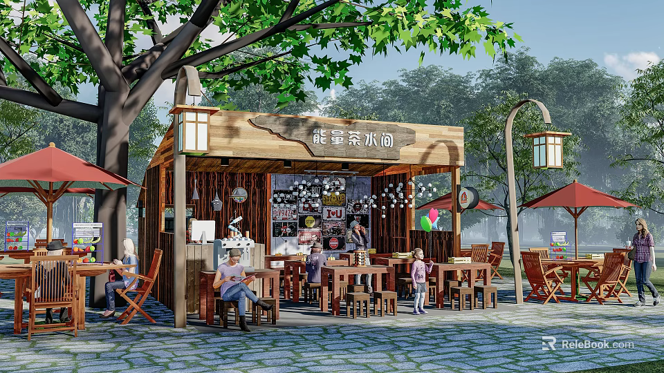 Outdoor Wooden Milk Tea Shop With Customers Sitting Under Trees And Tables Chairs 3d model 