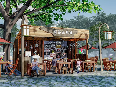 Outdoor Wooden Milk Tea Shop With Customers Sitting Under Trees And Tables Chairs 3d model