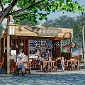 Outdoor Wooden Milk Tea Shop With Customers Sitting Under Trees And Tables Chairs