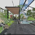 Lush Indoor Landscape With Glass Roof Wooden Awning Stone Pathway Small Pool And Rock Formations