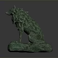 Artistic Green Wolf Sculpture With Intricate Mane Sitting On Textured Stone Base