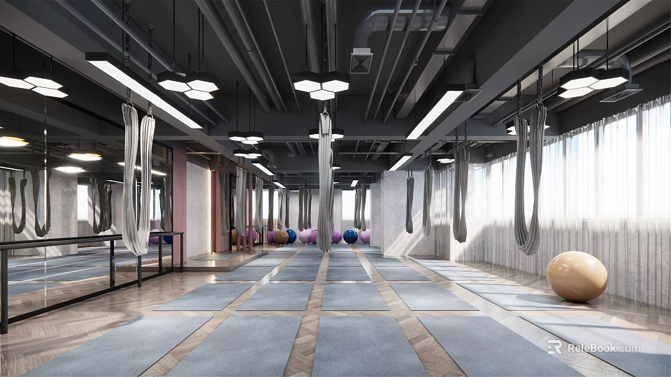 Spacious Aerial Yoga Fitness Studio With Hanging Hammocks Yoga Balls And Blue Mats 3d model 