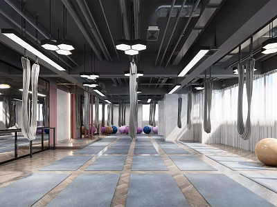 Spacious Aerial Yoga Fitness Studio With Hanging Hammocks Yoga Balls And Blue Mats 3d model