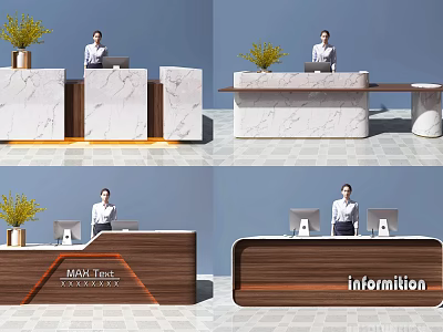 Elegant Modern Reception Desk With Marble Top Wooden Frame And Potted Plant 3d model