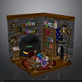 Enchanted Wizard Study Interior With Stone Fireplace Wooden Bookshelf Colorful Bottles And Cauldron