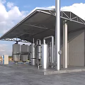 Industrial Equipment In Covered Factory Facility With Large Metal Tanks Pipes And Control Panel