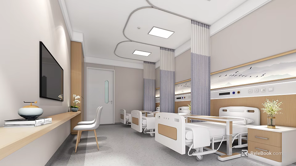 Modern Hospital Ward Interior With White Beds TV Curtains And Ceiling Lights 3d model 