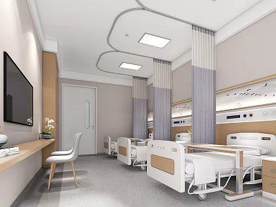 Modern Hospital Ward Interior With White Beds TV Curtains And Ceiling Lights 3d model