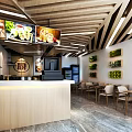 Modern Cozy Restaurant Interior With Wooden Ceiling Hanging Menus Counter Tables Chairs And Green Plants