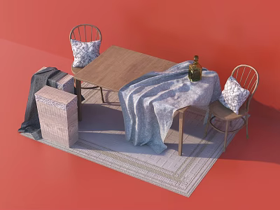 Wooden Dining Table Set With Two Chairs White Cushions Gray Tablecloth Woven Basket And Rug 3d model