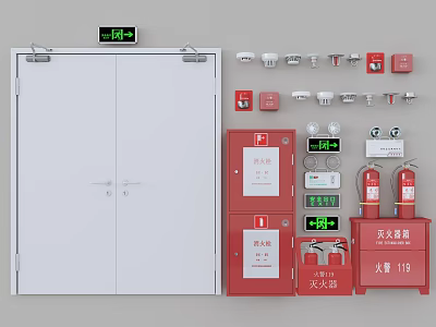 Essential Fire Equipment Collection Including Fire Doors Alarms Extinguishers and Cabinets 3d model