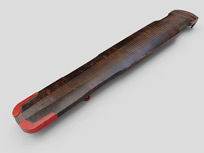 Ancient Chinese Guqin With Dark Wooden Body Red Trim And Strings 3d model
