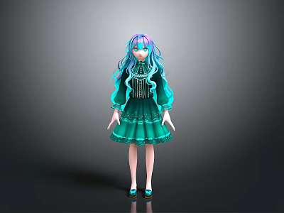 3D Anime Character Model With Teal Purple Curly Hair And Green Ruffled Dress 3d model