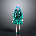 3D Anime Character Model With Teal Purple Curly Hair And Green Ruffled Dress