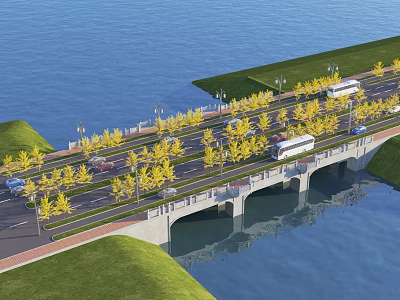 Scenic Bridge Over Water With Yellow Trees Street Lamps Green Grass And Vehicles 3d model
