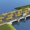 Scenic Bridge Over Water With Yellow Trees Street Lamps Green Grass And Vehicles