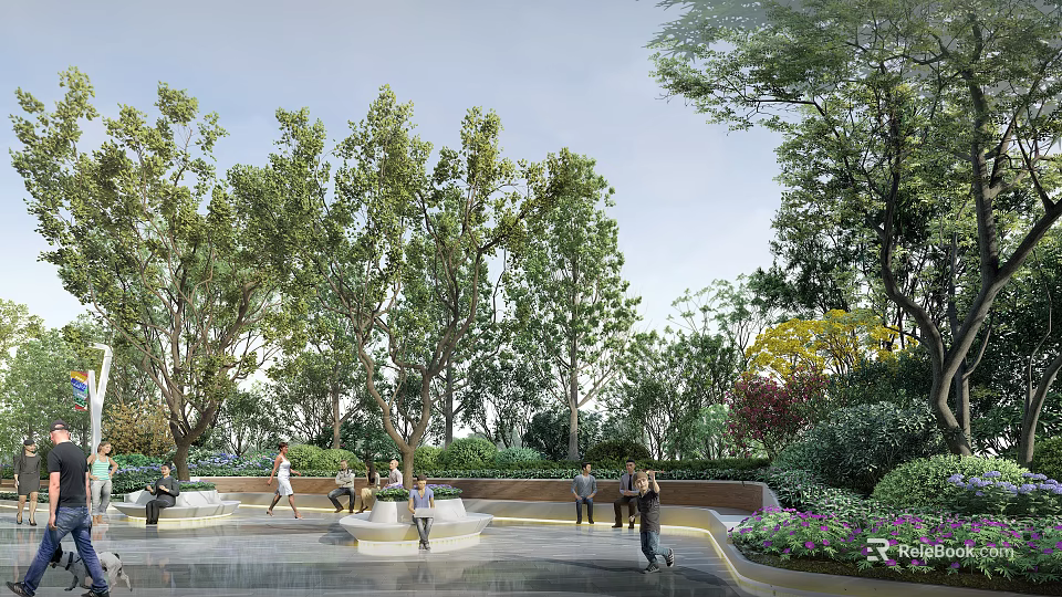 Commercial Landscape Design with Lush Trees Open Seating Area People Enjoying and Colorful Flowers 3d model 