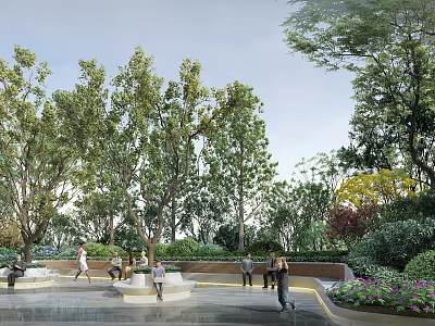 Commercial Landscape Design with Lush Trees Open Seating Area People Enjoying and Colorful Flowers 3d model