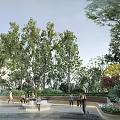 Commercial Landscape Design with Lush Trees Open Seating Area People Enjoying and Colorful Flowers