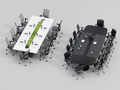 Modern White And Black Conference Tables With Black Office Chairs Green Decor And Stationery 3d model