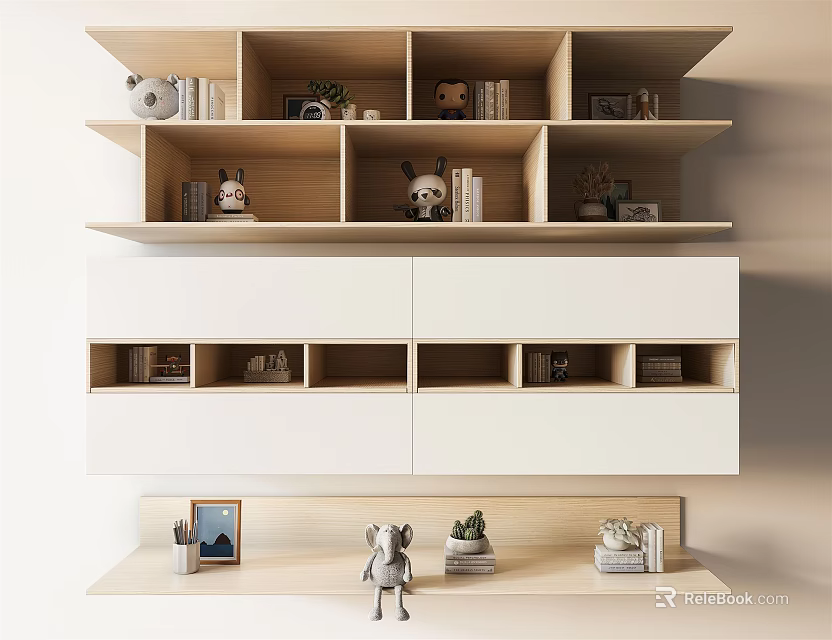 Modern Wall And Hanging Cabinets With Open Shelves Closed Compartments Decor Items And Books 3d model 