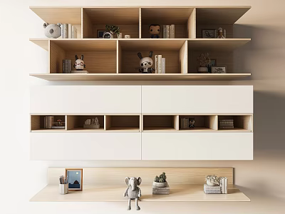 Modern Wall And Hanging Cabinets With Open Shelves Closed Compartments Decor Items And Books 3d model