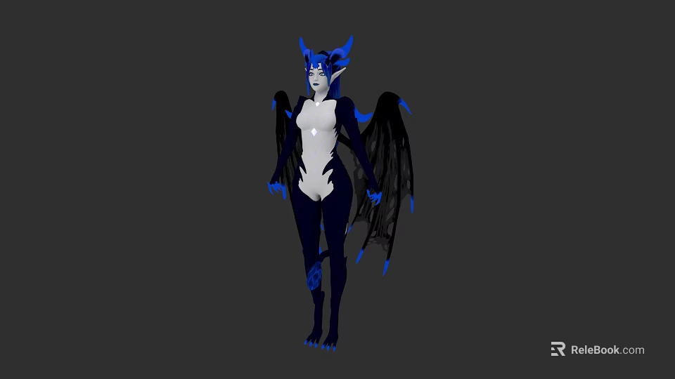 Fantasy Character Design of Mythical Creature With Blue Horns White Body and Black Wings 3d model 