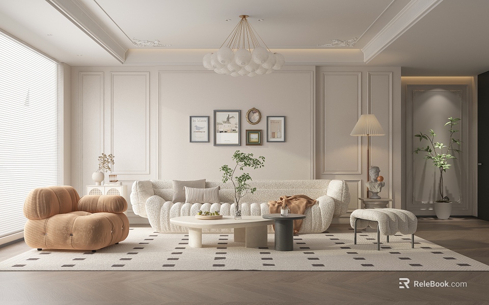 Elegant Modern Living Room Interior With White Sofa Beige Armchair Geometric Rug And Chandelier 3d model 