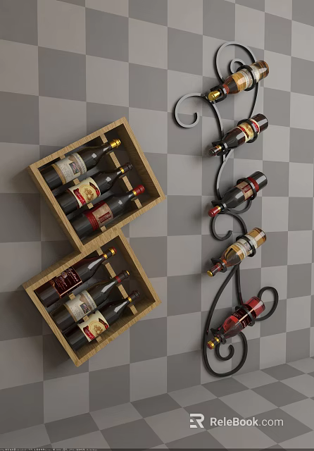 Decorative Ornament Set with Wooden Boxes Holding Wine Bottles and Metal Wine Rack 3d model 