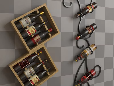 Decorative Ornament Set with Wooden Boxes Holding Wine Bottles and Metal Wine Rack 3d model