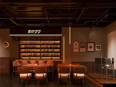 Modern Bar Interior With Warm Lighting Wine Shelves And Brown Chairs 3d model