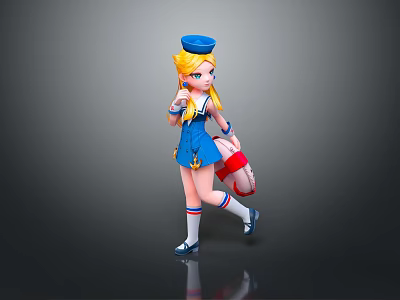 3D Game Character With Blonde Hair Blue Hat And Sailor Style Uniform Holding Lifebuoy 3d model