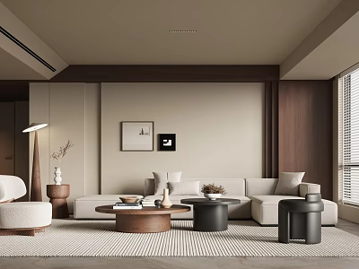 Modern Living Room Interior Featuring Beige Walls Light Gray Sofa Coffee Tables And Wooden Accents 3d model