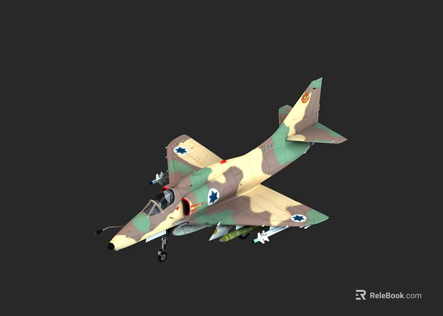 Military Camouflage Fighter Jet With Attached Weapons Cockpit And Dark Backdrop 3d model 