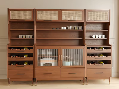 Natural Brown Wooden Sideboard With Multiple Compartments Drawers And Open Shelves 3d model