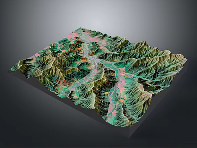 Detailed 3D Terrain Model With Green Mountain Ranges And Pink River Paths 3d model