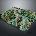 Detailed 3D Terrain Model With Green Mountain Ranges And Pink River Paths