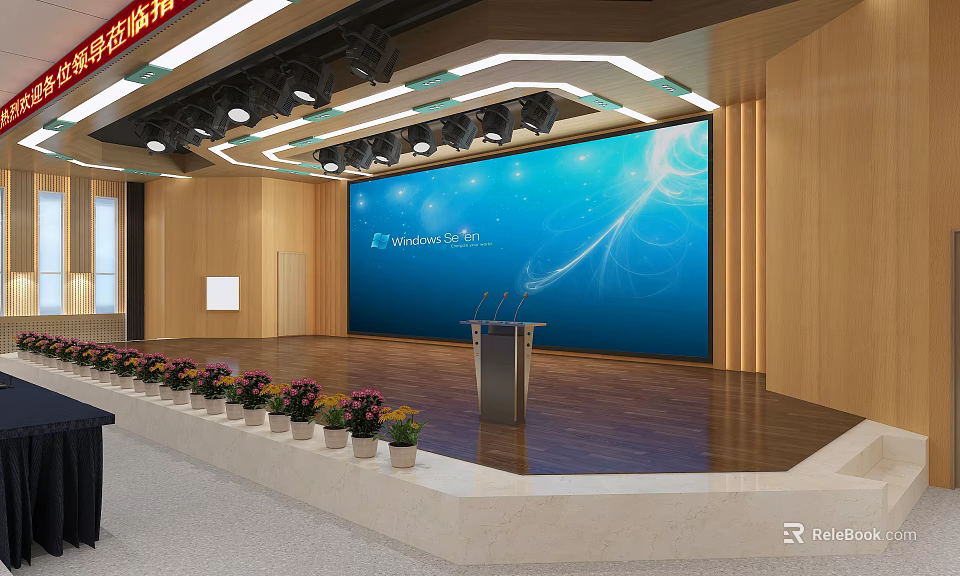 Modern Conference Room With Large Blue Screen Podium Flower Pots And Wooden Walls 3d model 