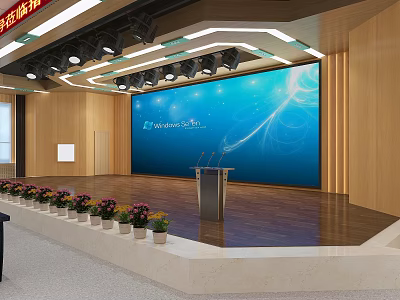 Modern Conference Room With Large Blue Screen Podium Flower Pots And Wooden Walls 3d model