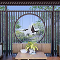 Traditional Chinese Garden Pavilion Surrounded by Green Trees with Rest Area and Circular Decor
