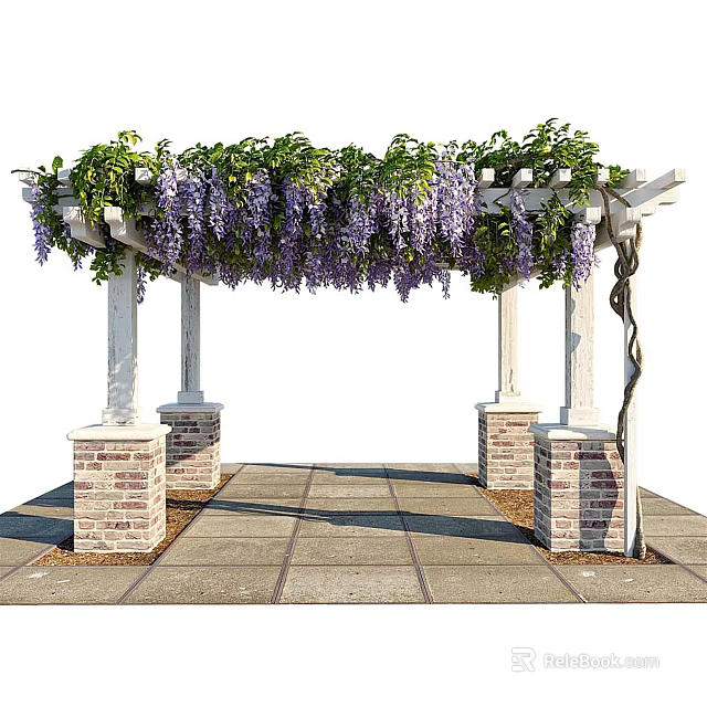 Beautiful Pergola With Green Vines Purple Flowers White Columns Red Brick Bases And Stone Floor 3d model 