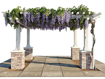 Beautiful Pergola With Green Vines Purple Flowers White Columns Red Brick Bases And Stone Floor 3d model