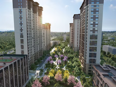 High Rise Residential Buildings In Modern Community With Lush Greenery And Sunlit Surroundings 3d model