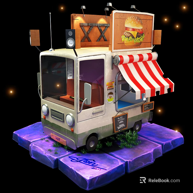 Functional Food Truck With Red And White Striped Awning Hamburger And Blackboard Menu 3d model 