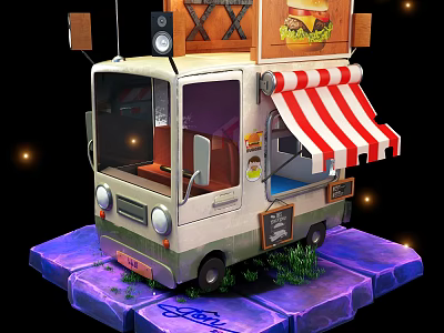 Functional Food Truck With Red And White Striped Awning Hamburger And Blackboard Menu 3d model