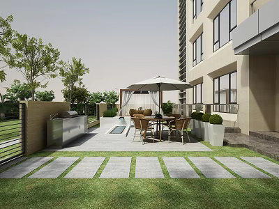 Modern High-rise Courtyard Garden Landscape with Umbrella Table Chairs Stone Path Green Plants and Lawn 3d model