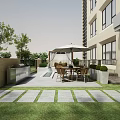 Modern High-rise Courtyard Garden Landscape with Umbrella Table Chairs Stone Path Green Plants and Lawn
